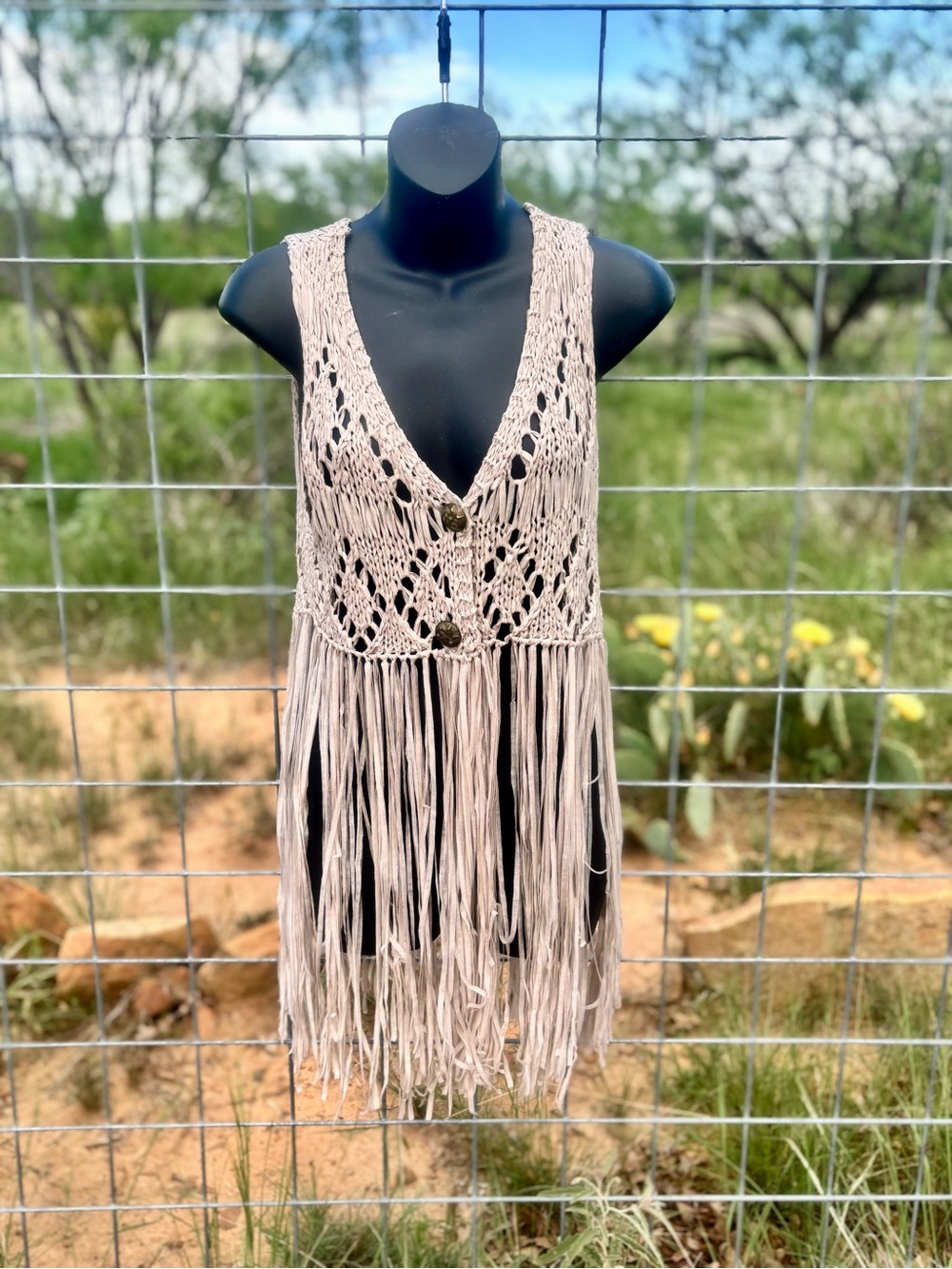 Blu Pepper Neutral Beige Open Crochet Knit Top